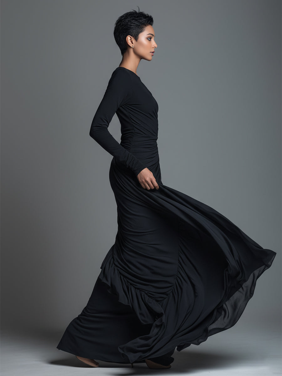 Vestido largo elegante negro de punto de jersey para mujer con fruncido