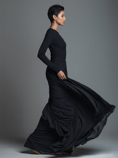 Vestido largo elegante negro de punto de jersey para mujer con fruncido