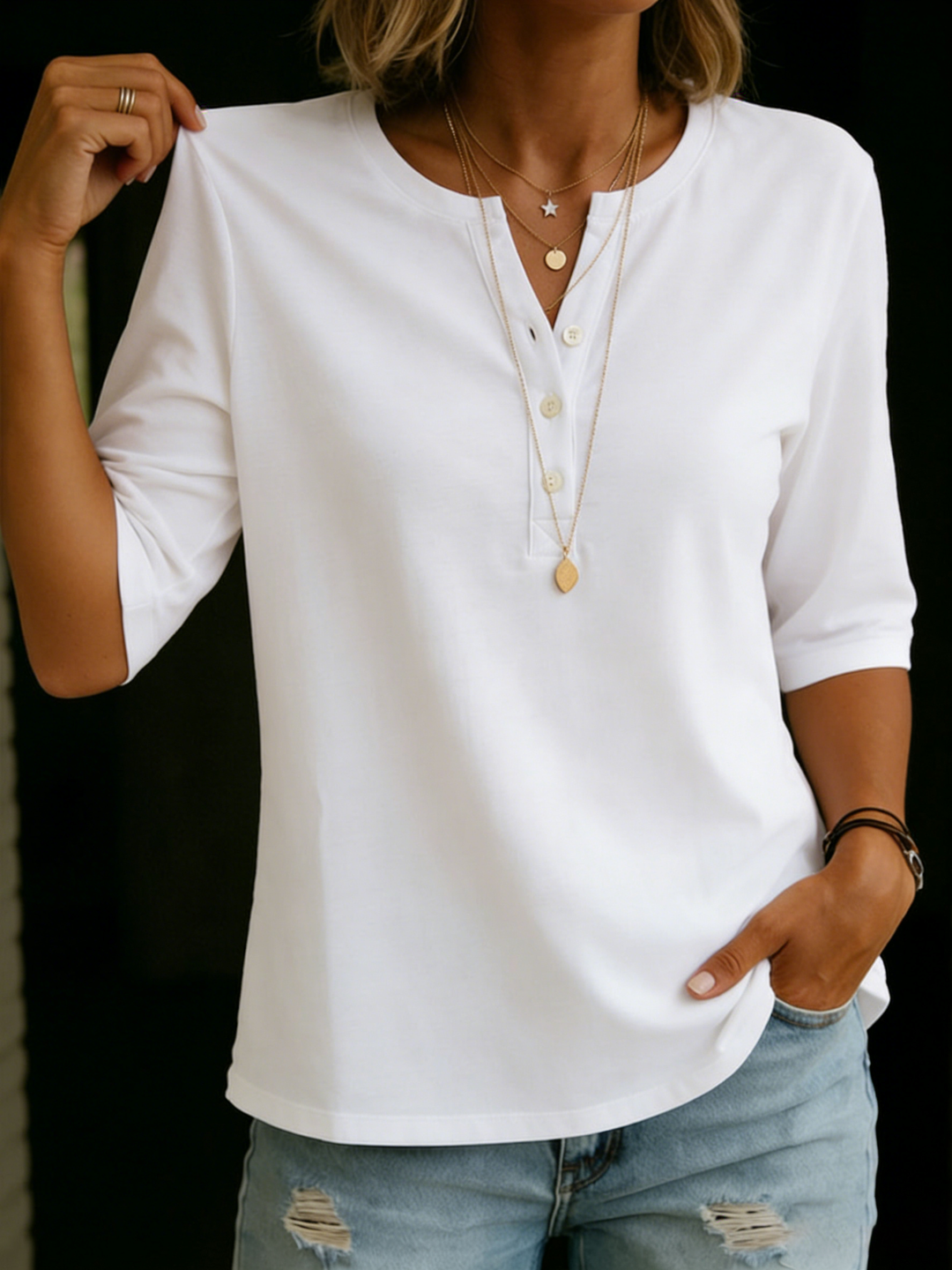 Julia | Bequemes einfarbiges Henley-Oberteil mit Knopfleiste am Hals