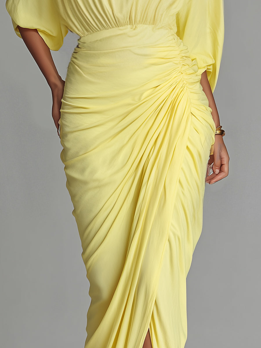 Vestido maxi feminino amarelo-brilhante, confortável e com tecido misto, de caimento drapeado