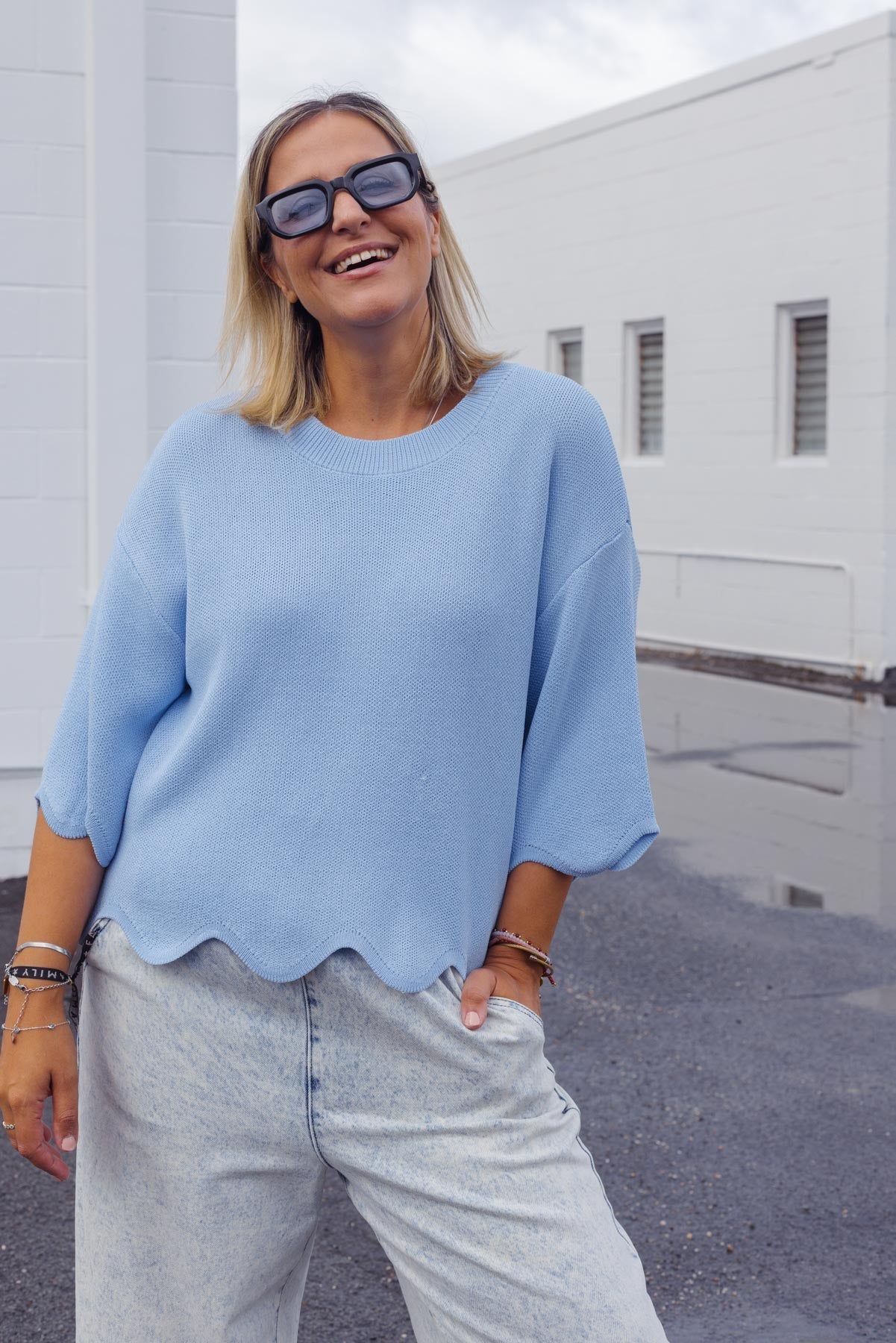 Lara Scalloped Knit - Sky Blue