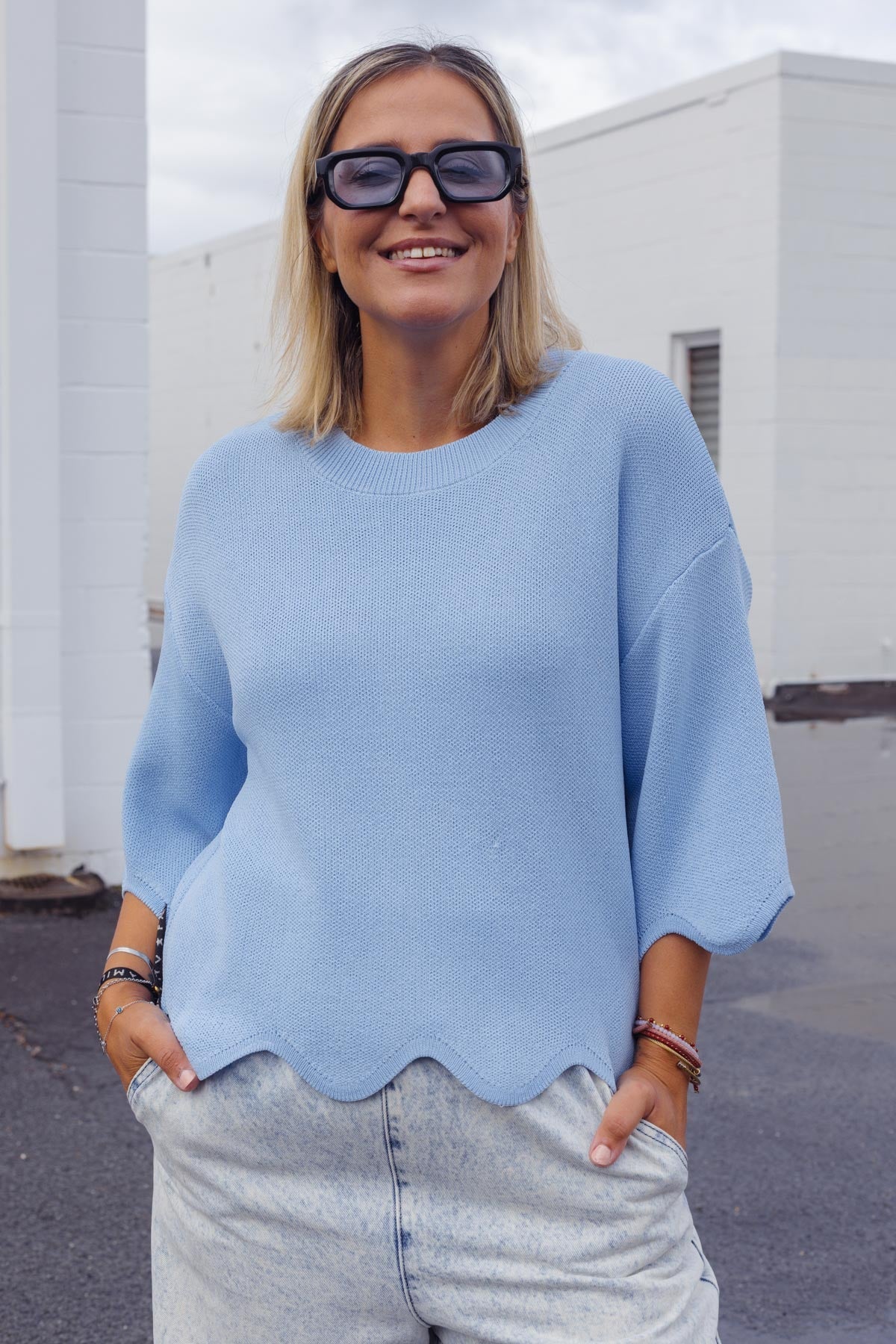 Lara Scalloped Knit - Sky Blue