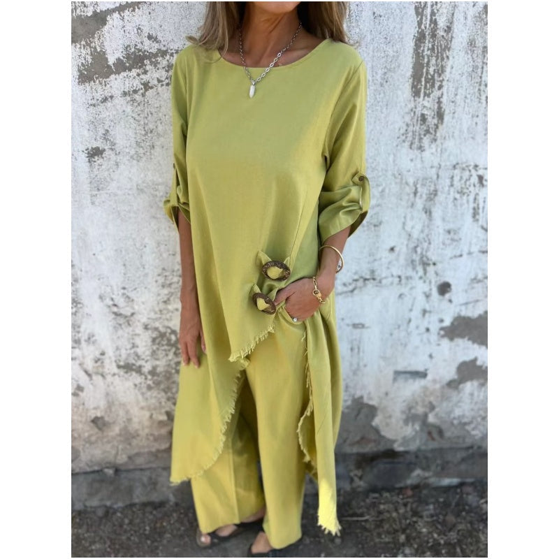 Neues Baumwoll-Leinen-Kleid + Hose – Bequemes zweiteiliges Set