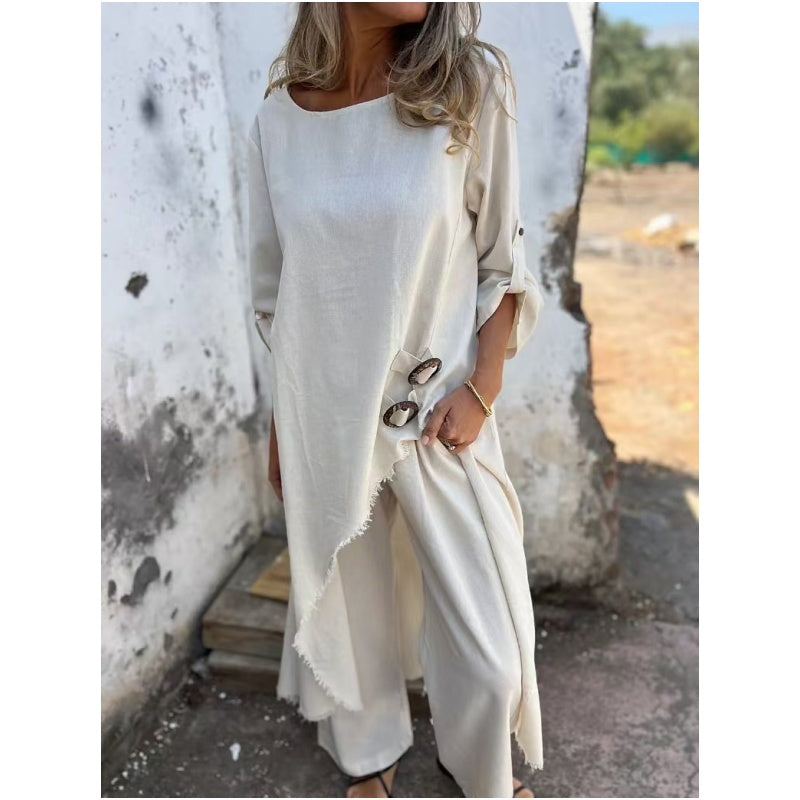 Neues Baumwoll-Leinen-Kleid + Hose – Bequemes zweiteiliges Set