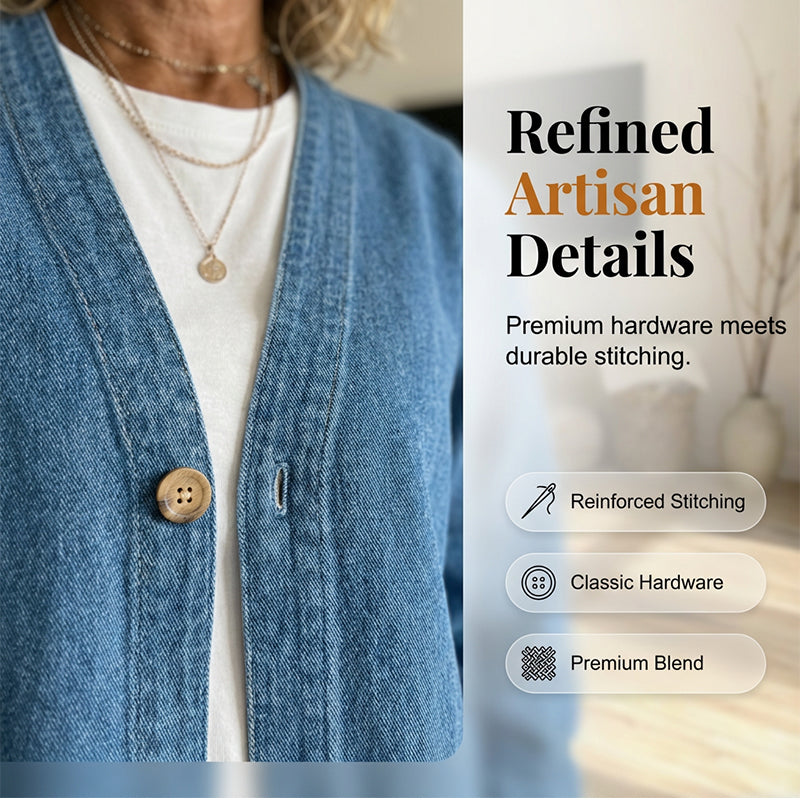 📢📢35% RABAT !! ⏰ Dame klassisk denimjakke med knapper foran – V-hals, åndbart stof og afslappet pasform 💙