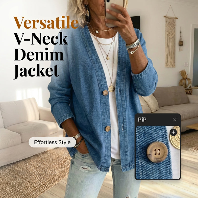 📢📢35% RABAT !! ⏰ Dame klassisk denimjakke med knapper foran – V-hals, åndbart stof og afslappet pasform 💙