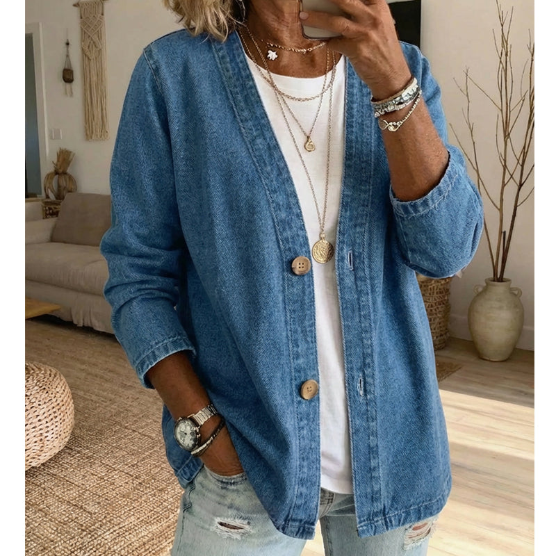 📢📢35% RABAT !! ⏰ Dame klassisk denimjakke med knapper foran – V-hals, åndbart stof og afslappet pasform 💙
