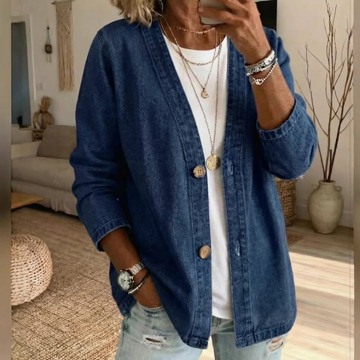 📢📢35% RABAT !! ⏰ Dame klassisk denimjakke med knapper foran – V-hals, åndbart stof og afslappet pasform 💙