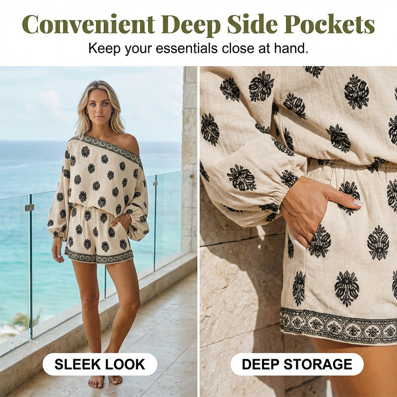Lexy | Boho-Overall mit Schulterfreiem Print-Set
