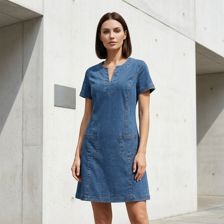 Women's Denim Dress – V-Neck, Short Sleeve, Casual