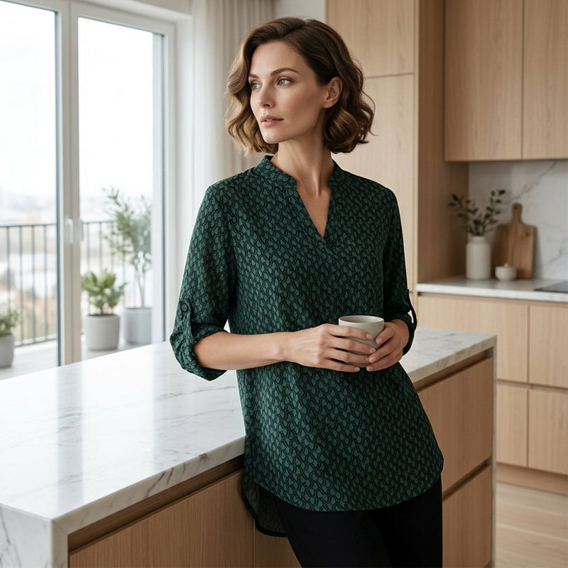 📢📢50 % RABATT!! ⏰Damenbluse mit geometrischem Muster und V-Ausschnitt