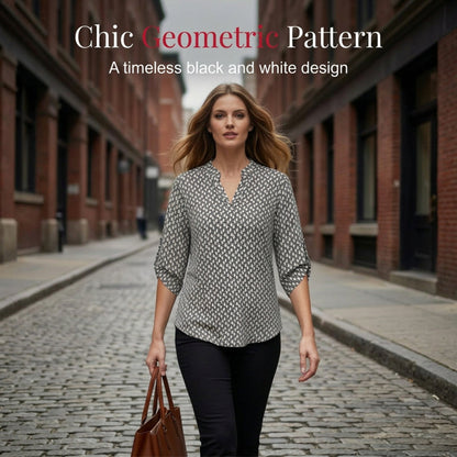 📢📢50 % RABATT!! ⏰Damenbluse mit geometrischem Muster und V-Ausschnitt