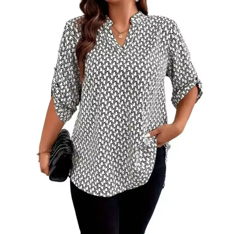 📢📢50 % RABATT!! ⏰Damenbluse mit geometrischem Muster und V-Ausschnitt
