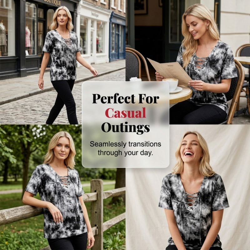 Stella | Tie-Dye Lace-Up V-Neck T-Shirt