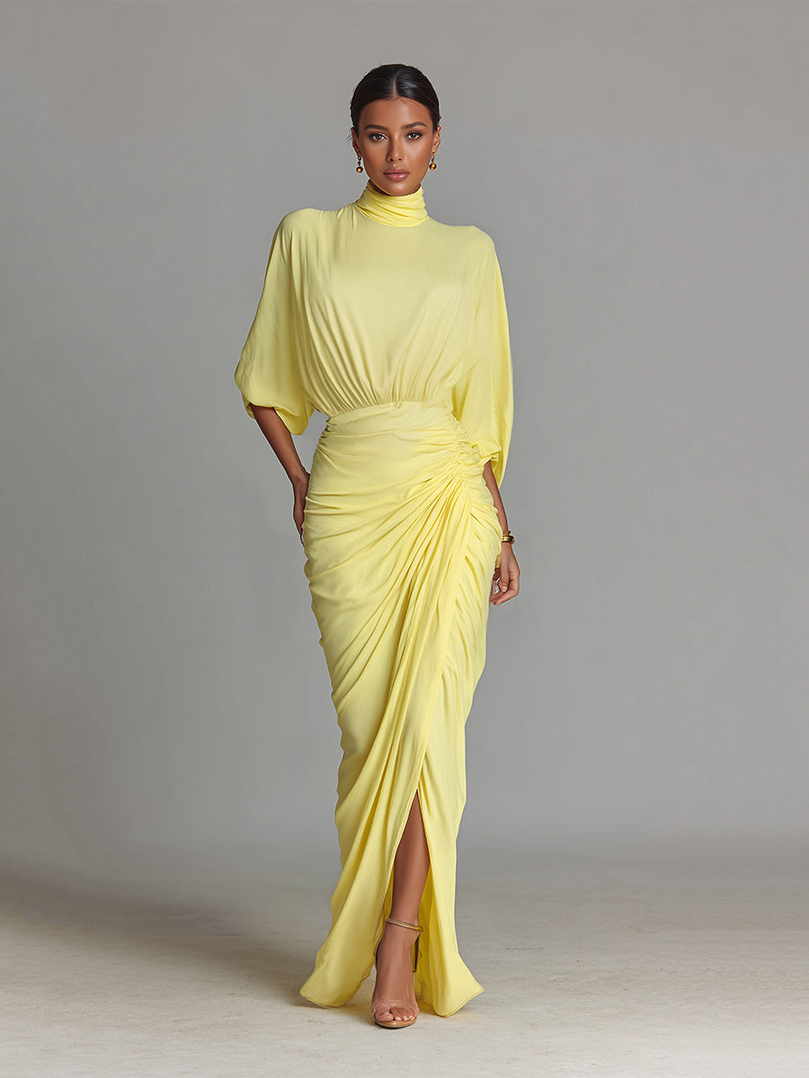 Vestido maxi feminino amarelo-brilhante, confortável e com tecido misto, de caimento drapeado