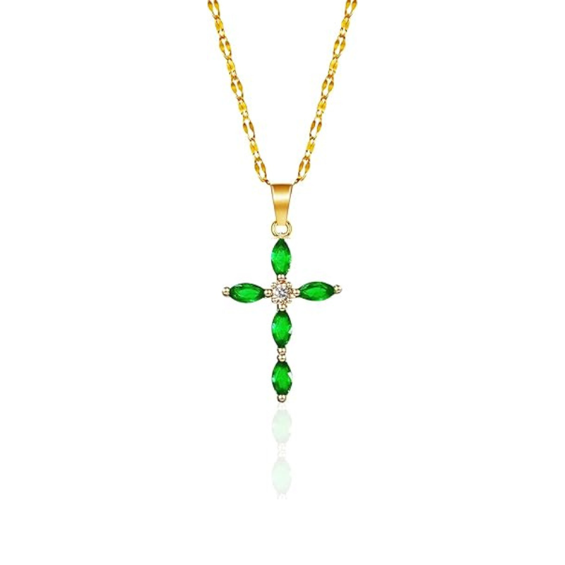 Collar con cruz de esmeralda | Dorado