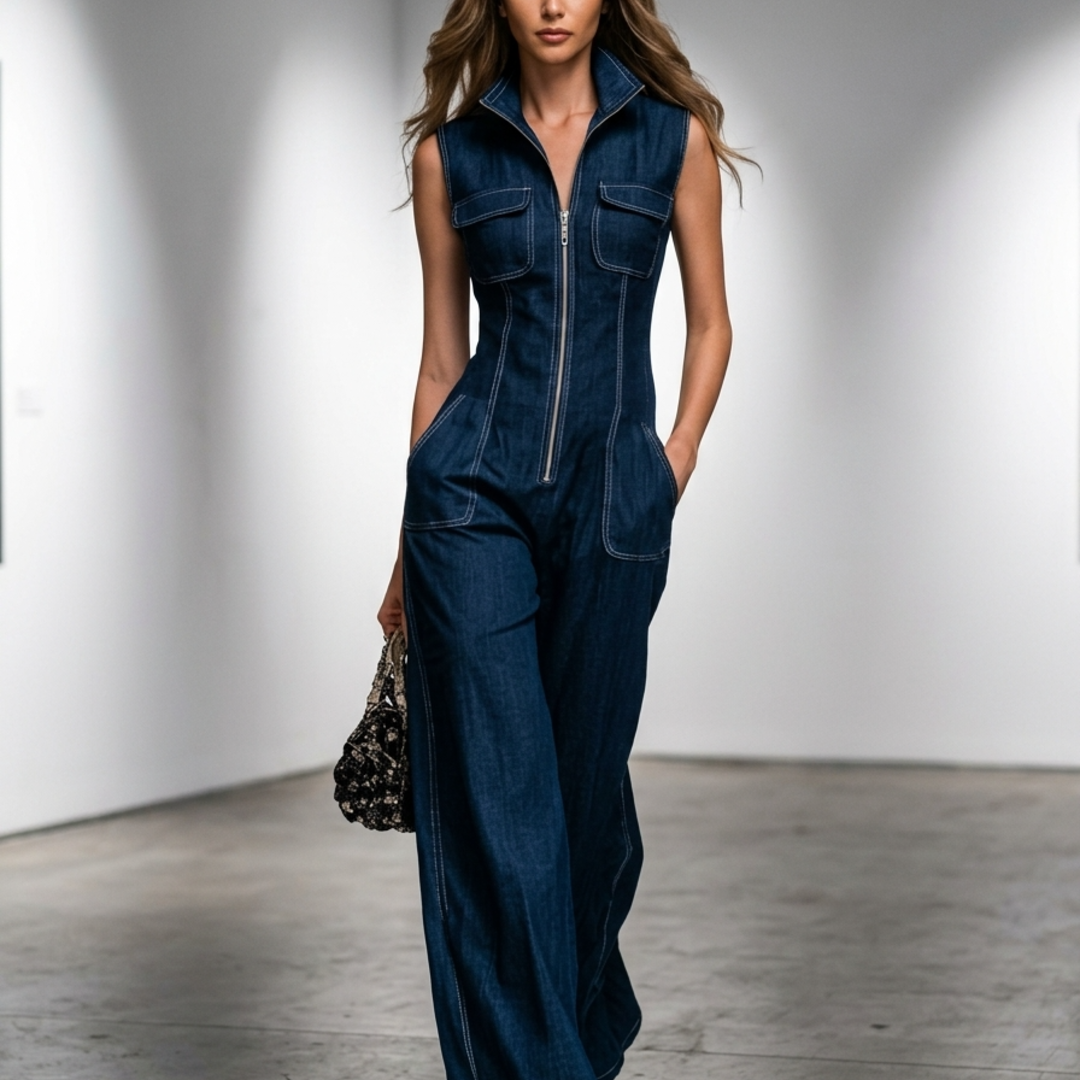 Damen-Jeans-Overall mit ärmellosem weitem Bein und Reißverschluss vorne