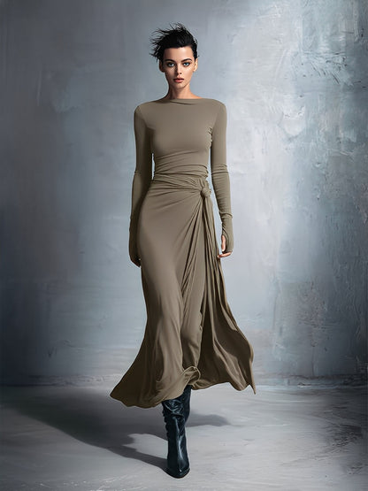 Women's Gray Exquisite Stretch Blended Fabric Wrap Dress - Knotted Maxi Dress