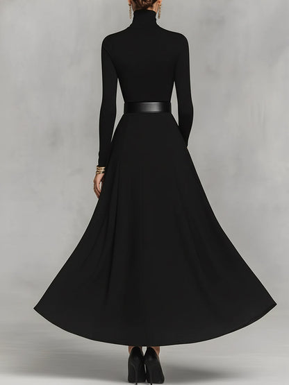 Vestido longo feminino preto de malha, elegante, com gola alta e detalhes de botões