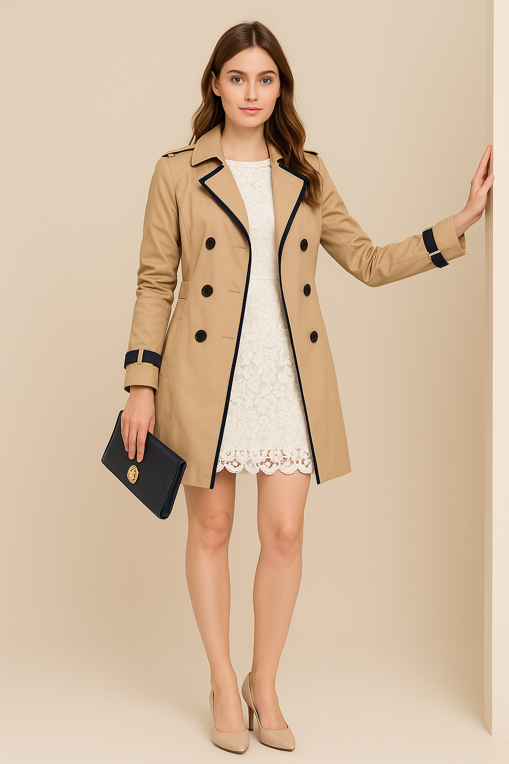 Catie - Gabardina cruzada con ribete en contraste