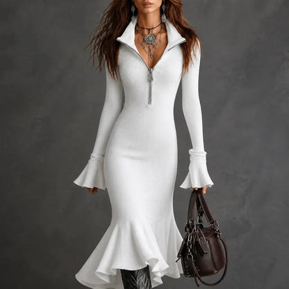 Selara | Vestido midi de tricô canelado com cauda de peixe e gola com meio zíper