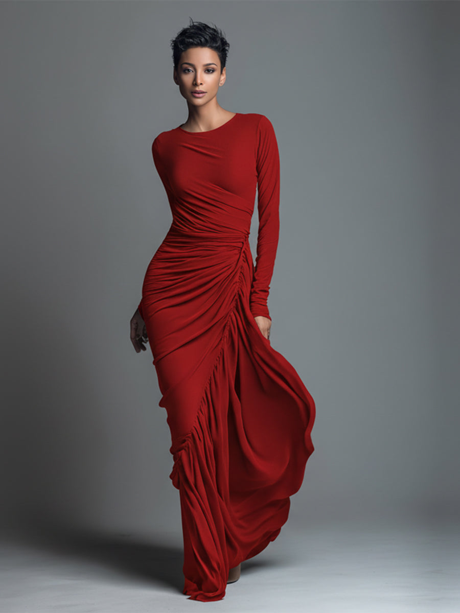 Vestido largo elegante negro de punto de jersey para mujer con fruncido