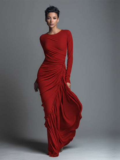 Vestido largo elegante negro de punto de jersey para mujer con fruncido