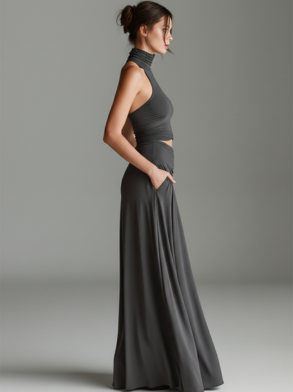 Women's Charcoal Gray Stretch Knit Dress With Turtleneck Halter & Cutout Waist, Timeless Minimalist Elegant Style Dress