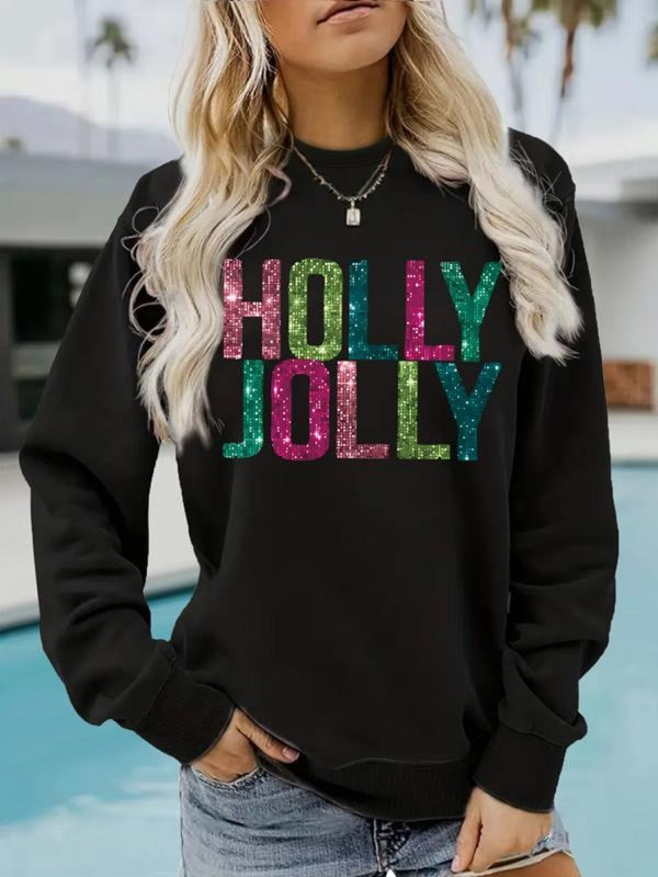 EVA™ - Moletom com Estampa de Letras Glitter e Gola Redonda para Outono e Inverno