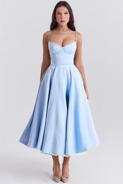 Harper | Vestido de festa midi de cetim evasê com bustiê para mulheres