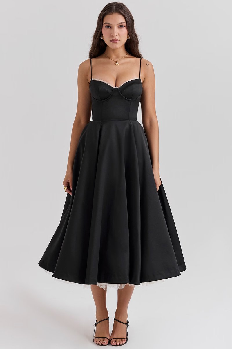 Harper | Vestido de festa midi de cetim evasê com bustiê para mulheres