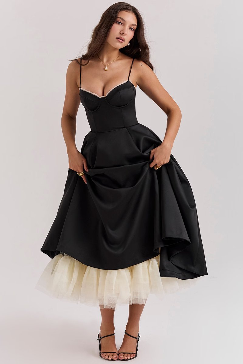 Harper | Vestido de festa midi de cetim evasê com bustiê para mulheres
