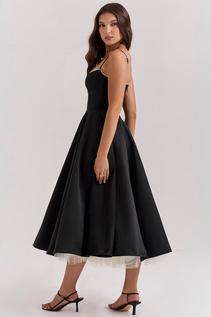 Harper | Vestido de festa midi de cetim evasê com bustiê para mulheres