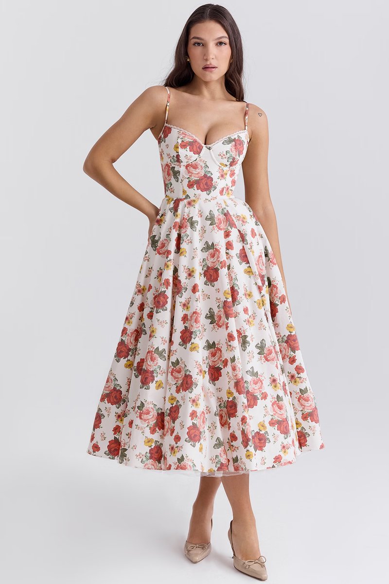 Harper | Vestido de festa midi de cetim evasê com bustiê para mulheres