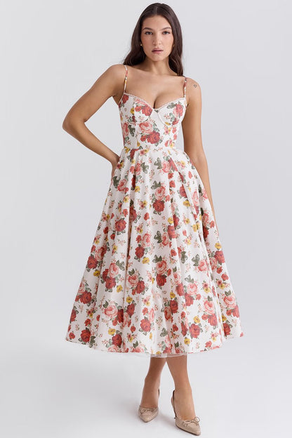 Harper | Vestido de festa midi de cetim evasê com bustiê para mulheres