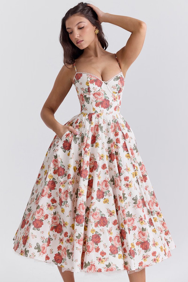Harper | Vestido de festa midi de cetim evasê com bustiê para mulheres