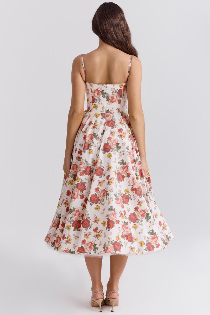 Harper | Vestido de festa midi de cetim evasê com bustiê para mulheres
