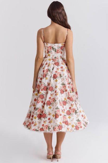 Harper | Vestido de festa midi de cetim evasê com bustiê para mulheres
