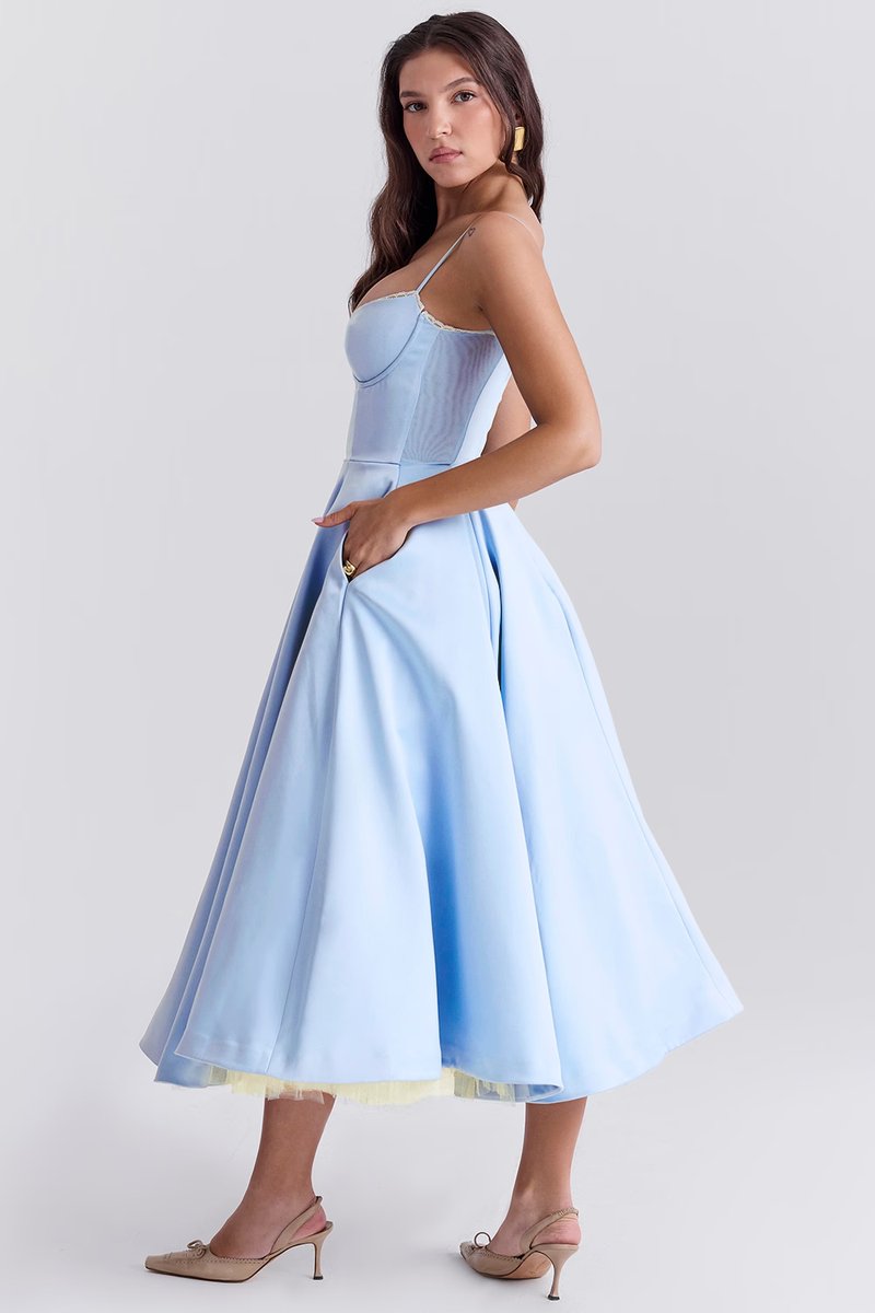 Harper | Vestido de festa midi de cetim evasê com bustiê para mulheres