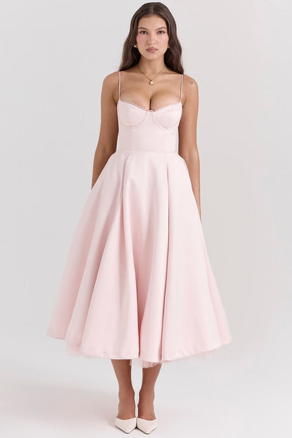 Harper | Vestido de festa midi de cetim evasê com bustiê para mulheres