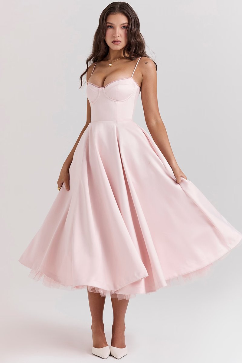 Harper | Vestido de festa midi de cetim evasê com bustiê para mulheres