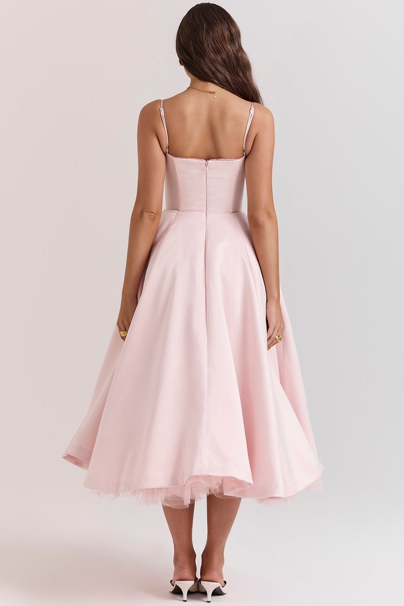 Harper | Vestido de festa midi de cetim evasê com bustiê para mulheres
