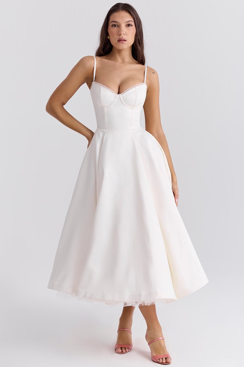 Harper | Vestido de festa midi de cetim evasê com bustiê para mulheres