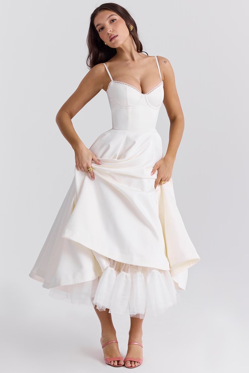 Harper | Vestido de festa midi de cetim evasê com bustiê para mulheres