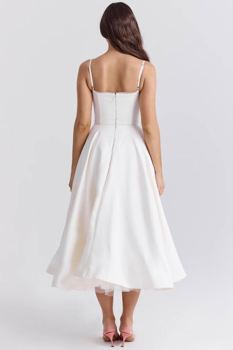 Harper | Vestido de festa midi de cetim evasê com bustiê para mulheres
