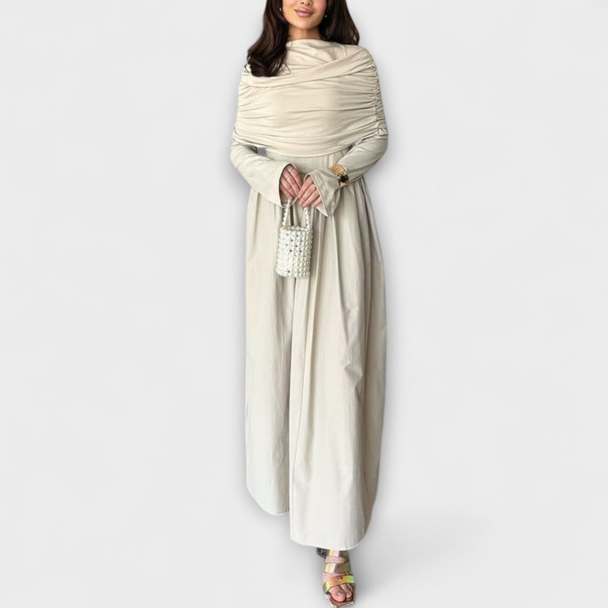 Charlotte | Vestido largo plisado de cuello alto y manga larga con corte holgado para mujer