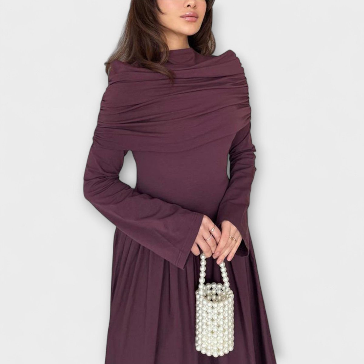 Charlotte | Vestido largo plisado de cuello alto y manga larga con corte holgado para mujer
