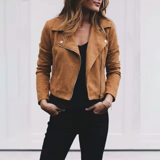 Valentine Women's Suede Jacket with Zip Front & Lapel Collar | Cropped